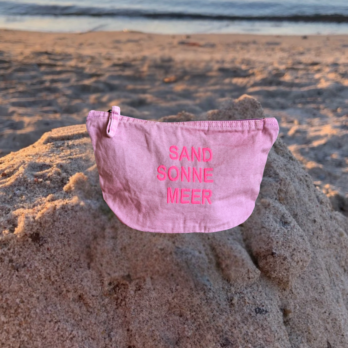 Kulturtasche verwaschenes Pink "Sand Sonne Meer"