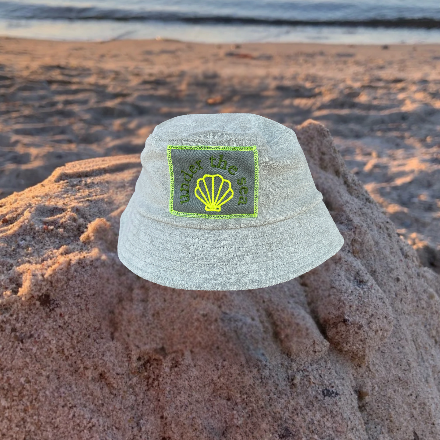 Bucket Hat / Sommerhut Frottee Khaki "under the sea"