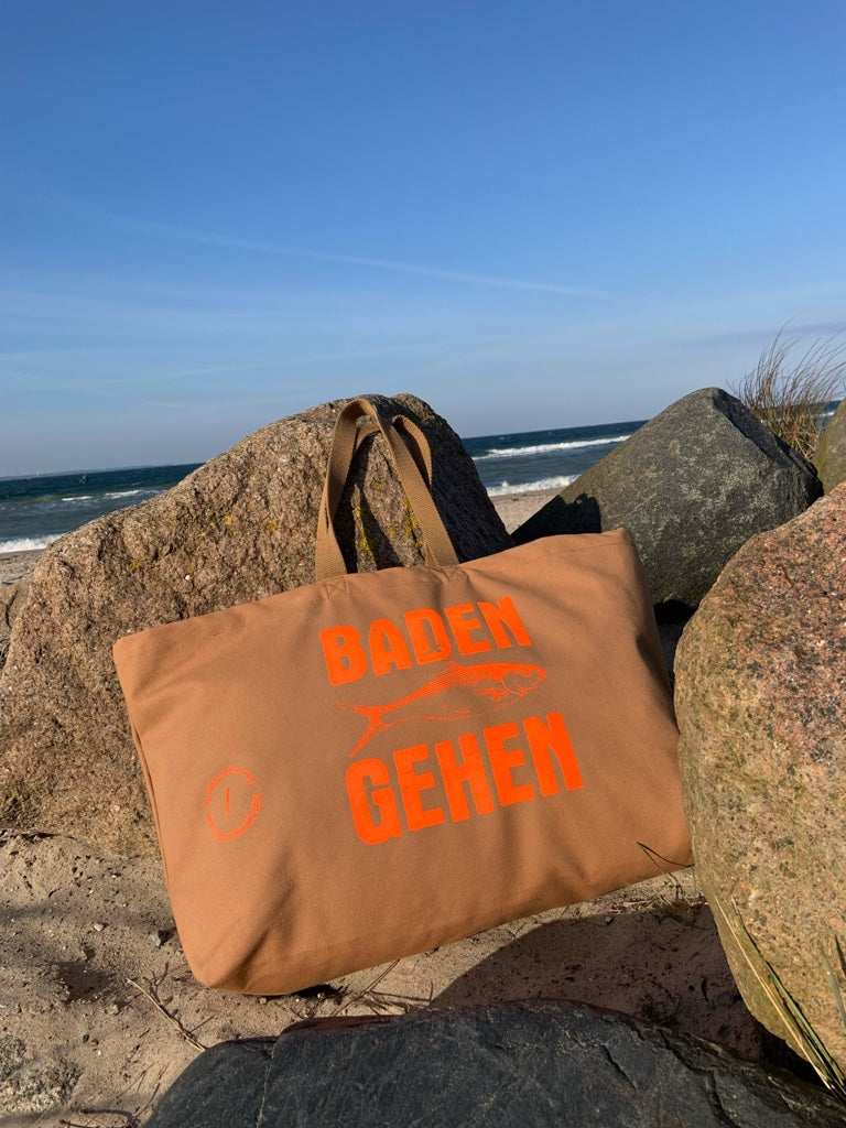 Strandtasche, Strandbag, XXL-Shopper, Big Bag camel "Baden Gehen", Schultertasche