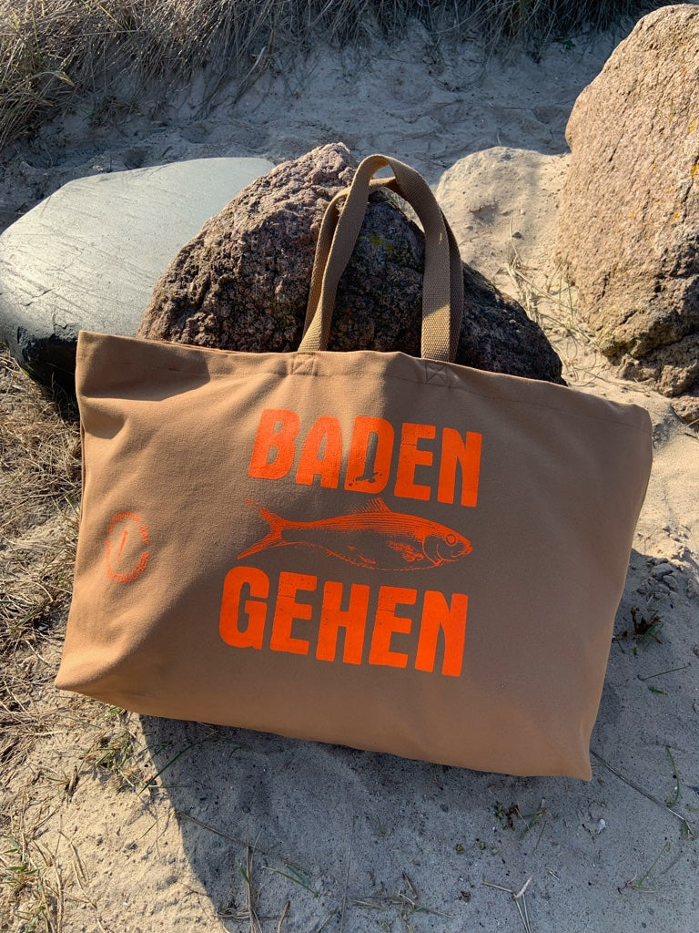 Strandtasche, Strandbag, XXL-Shopper, Big Bag camel "Baden Gehen", Schultertasche
