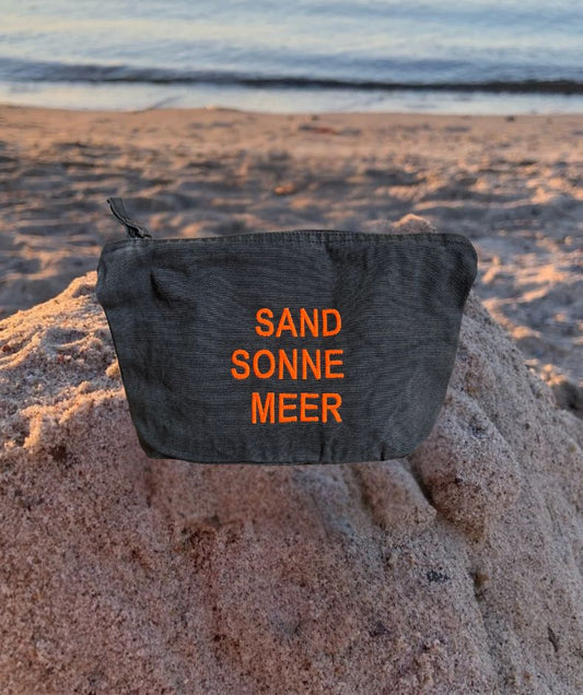 Kulturtasche verwaschenes Schwarz-Grau "Sand Sonne Meer Orange"