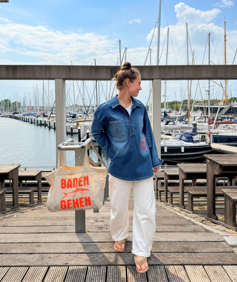 Strandtasche Shopper Bag Beige "Baden Gehen" orange