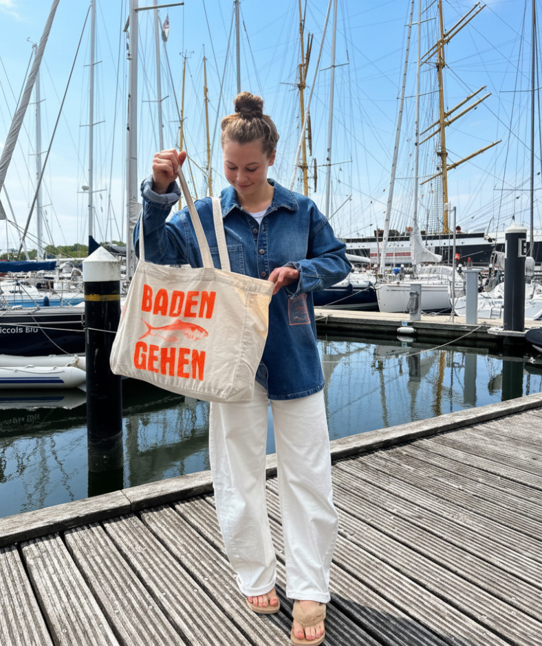 Strandtasche Shopper Bag Beige "Baden Gehen" orange