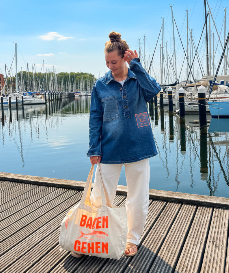 Strandtasche Shopper Bag Beige "Baden Gehen" orange